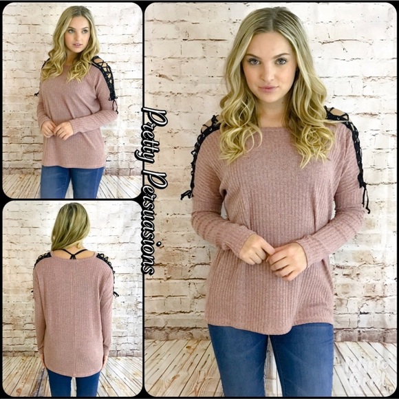 Blush Mauve Lace Up Shoulders Ribbed Top - Picture 2 of 8